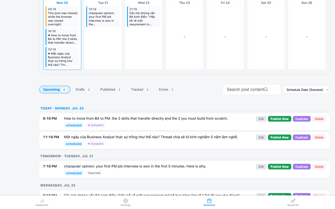 Scheduled posts agenda and tracked leads