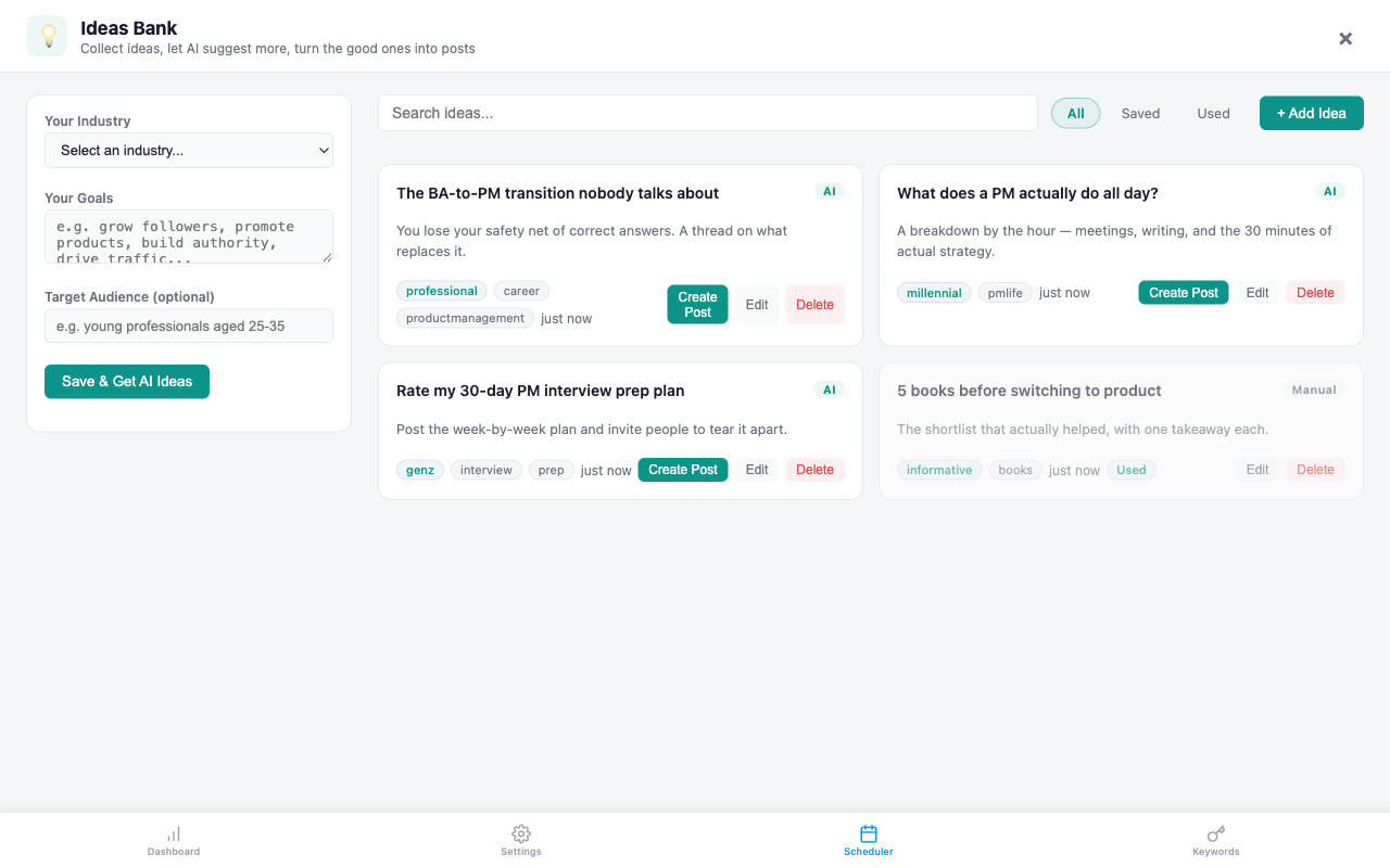 Ideas Bank generating AI content ideas ready to turn into posts