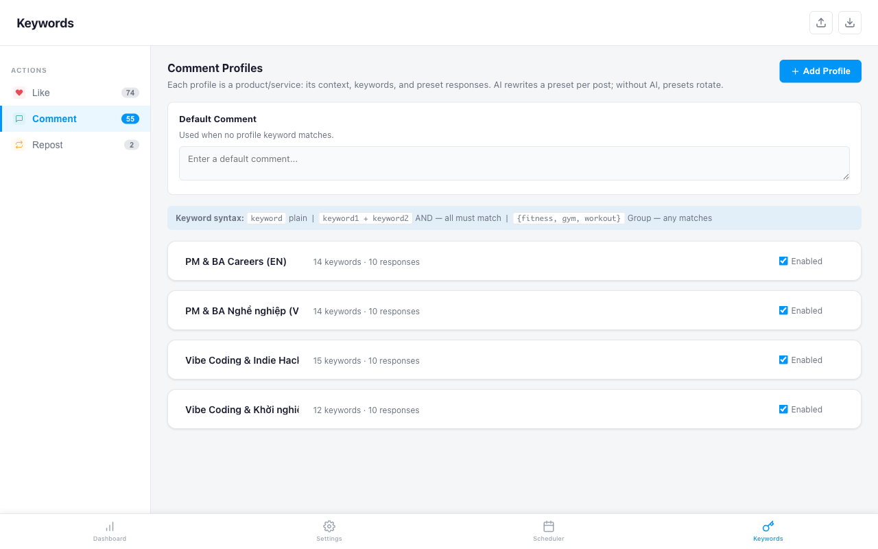 Comment profiles defining tone, language and responses for automated replies