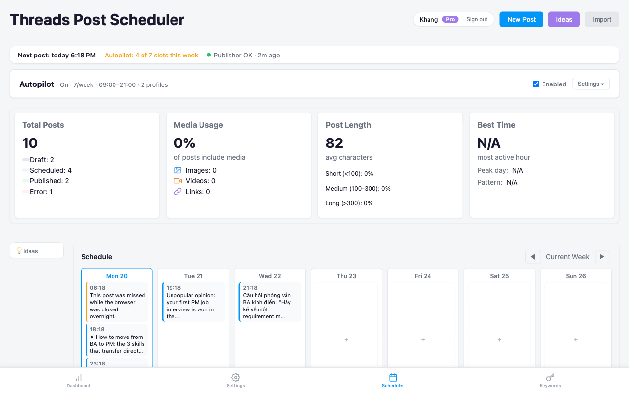 Post scheduler showing autopilot enabled and a week calendar filled with posts